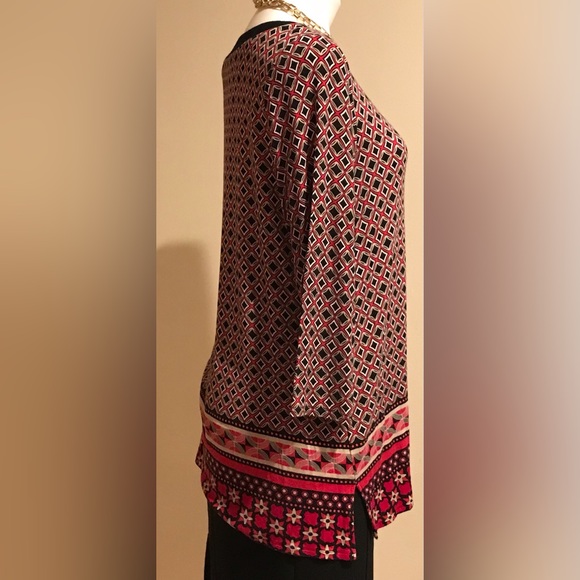 DANA BUCHMAN RED GEOMETRIC PRINT LONG SLEEVE STRETCH TUNIC TOP SHIRT ~Size M - Picture 2 of 9